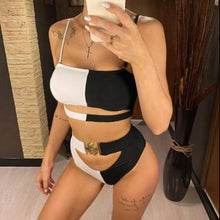 Upload image to gallery, maillot de bain deux piece taille haute noir plage mer sable été
